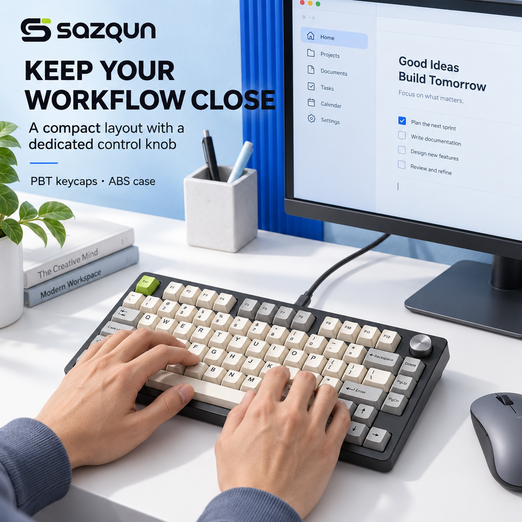 sazqun™ Compact Wireless Keyboard — workspace scene