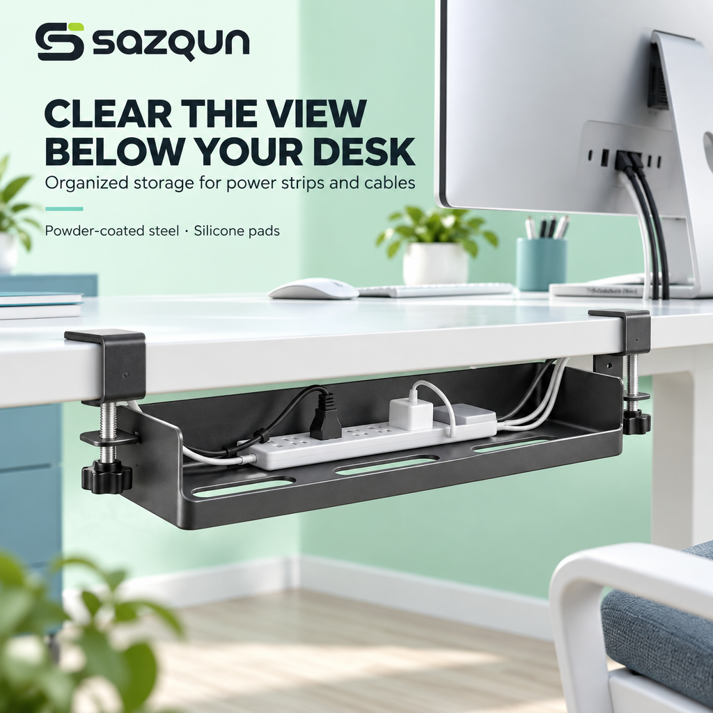 sazqun™ Under Desk Cable Management Tray — workspace scene