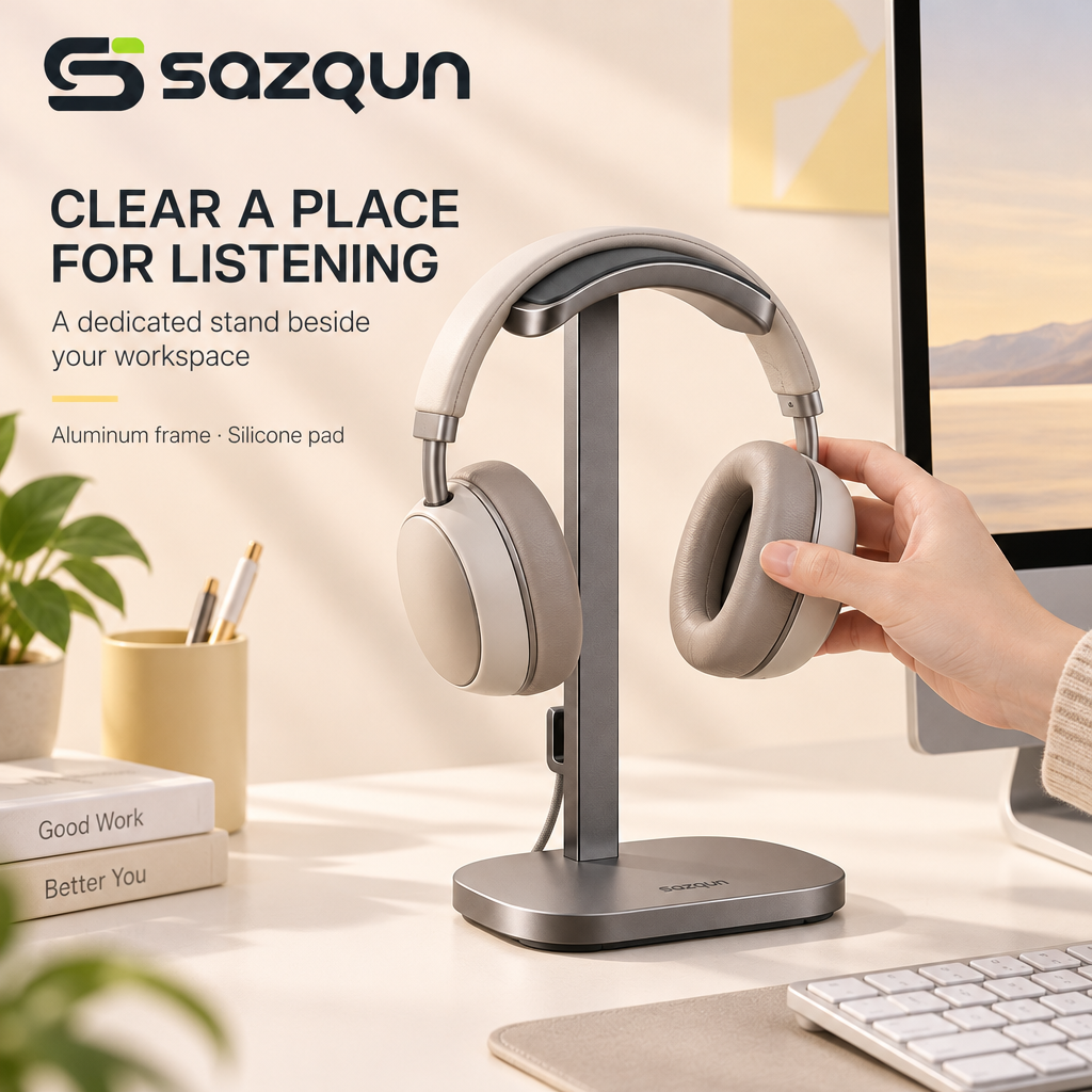 sazqun™ Aluminum Headphone Stand — workspace scene