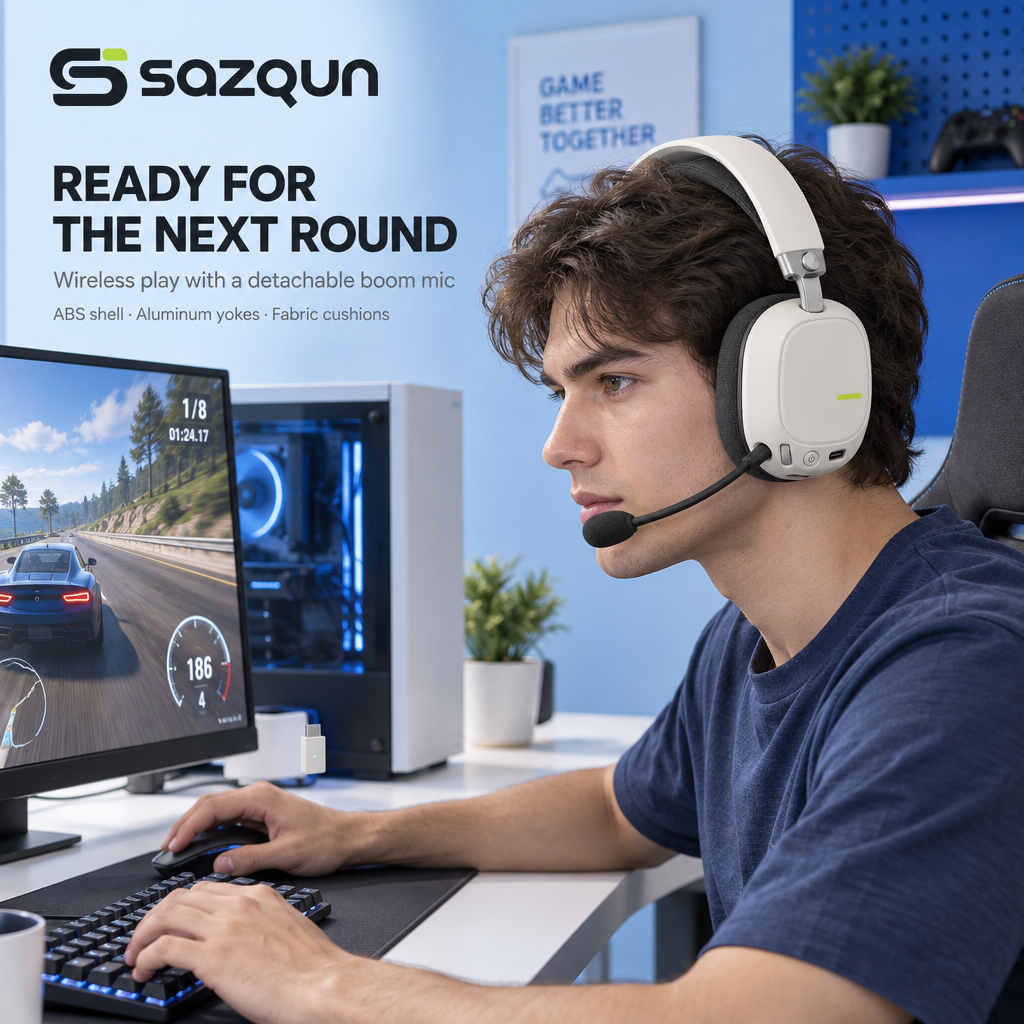 sazqun™ Wireless Noise Cancelling Headphones — workspace scene