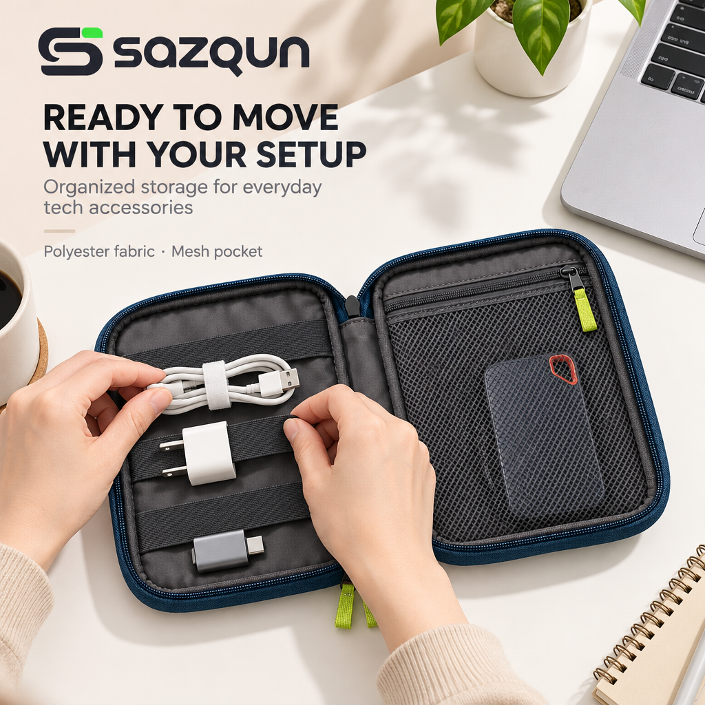 sazqun™ Electronics Storage Carrying Case — workspace scene